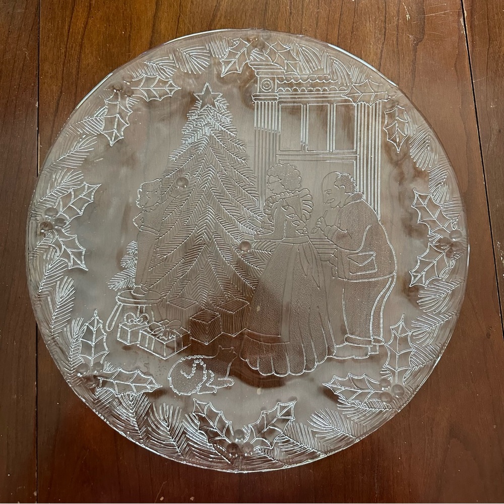 Vintage Pilgrim Glass 13” Party Platter Embossed Family Christmas Tree Scene